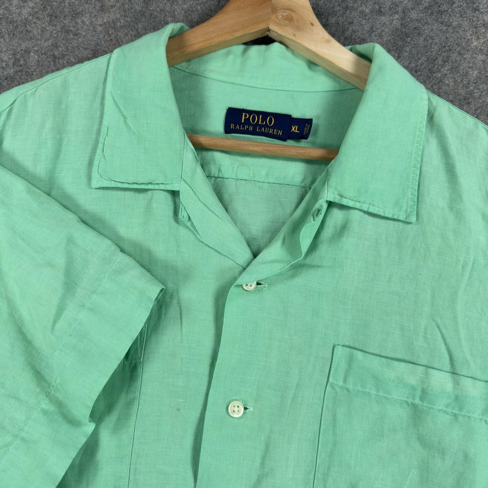Polo Ralph Lauren Loop Collar Shirt Mens XL Mint Green Linen Silk Short Sleeve